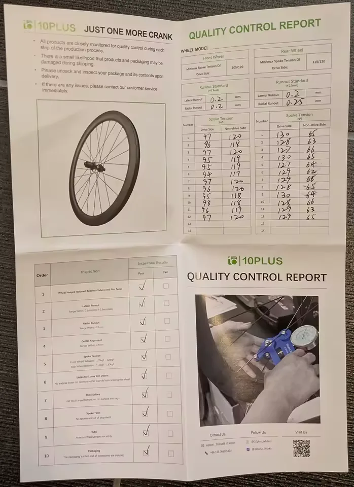 10PLUS gravel wheel QC report card, full sheet with 10-point inspection checklist