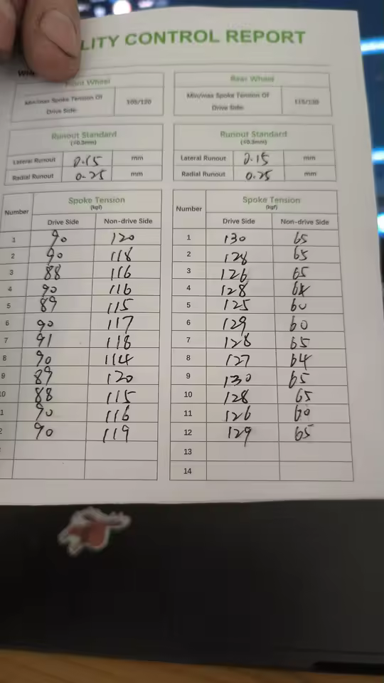 10PLUS road T Series 50mm QC report card, hand-filled spoke tension and runout values